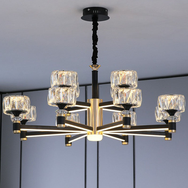 Drum Shaped Hanging Light Fixture Modern Beveled Crystal Living Room Chandelier in Black