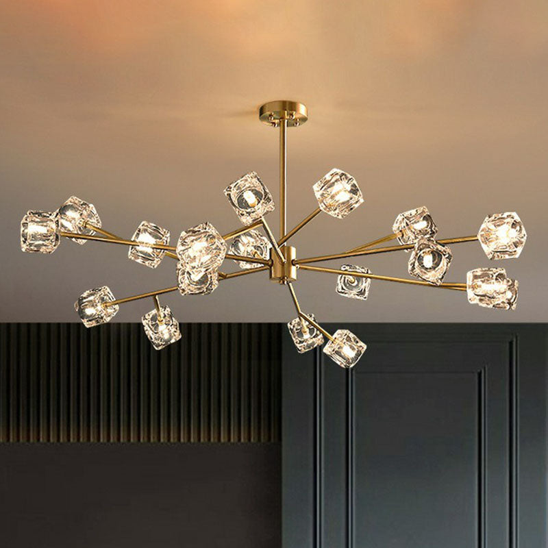 Post-Modern Branch Chandelier Lamp Clear Crystal Cube Living Room Suspension Light in Gold