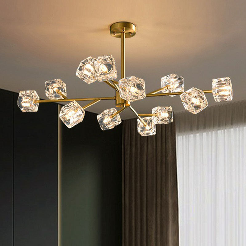 Post-Modern Branch Chandelier Lamp Clear Crystal Cube Living Room Suspension Light in Gold