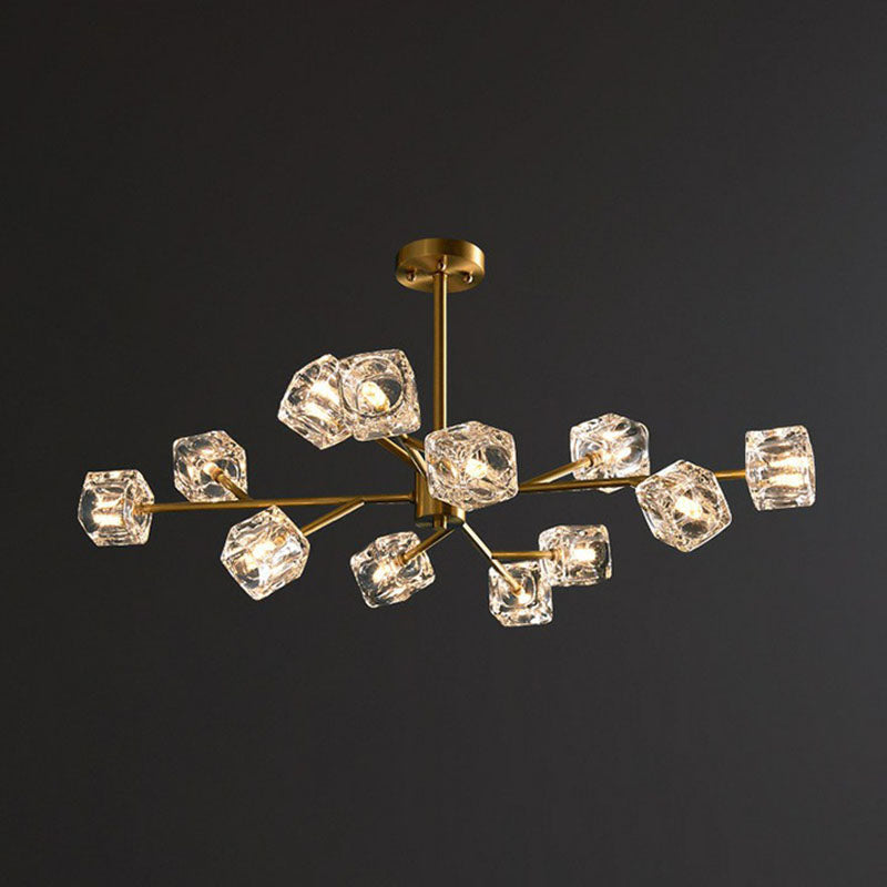 Post-Modern Branch Chandelier Lamp Clear Crystal Cube Living Room Suspension Light in Gold