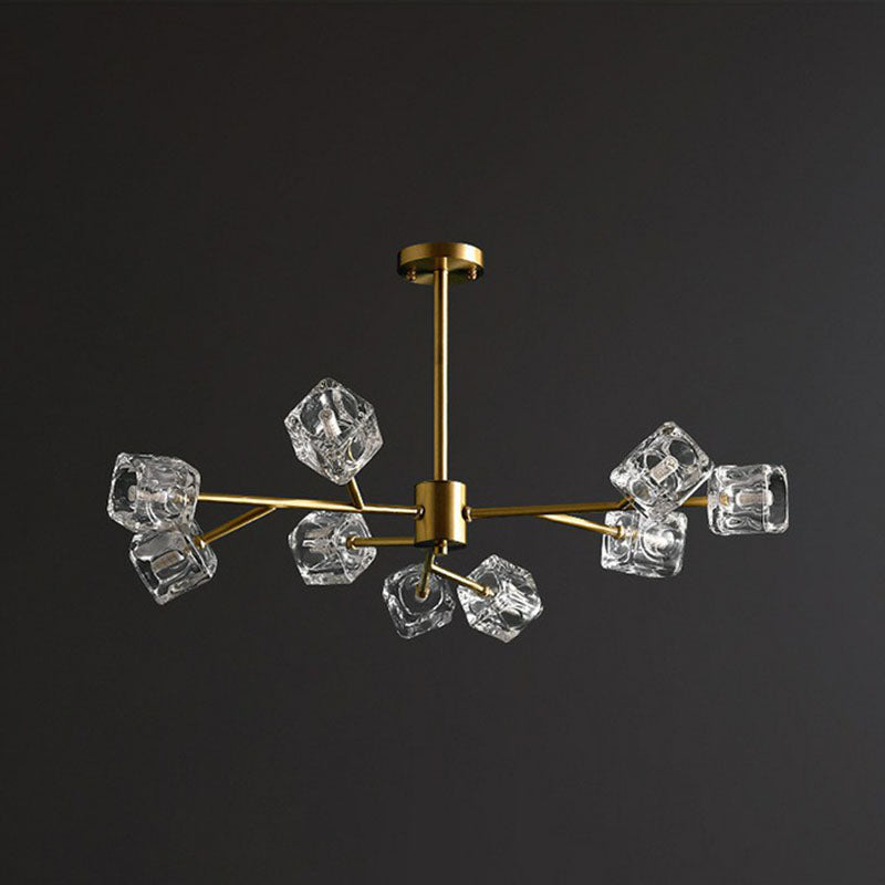 Post-Modern Branch Chandelier Lamp Clear Crystal Cube Living Room Suspension Light in Gold