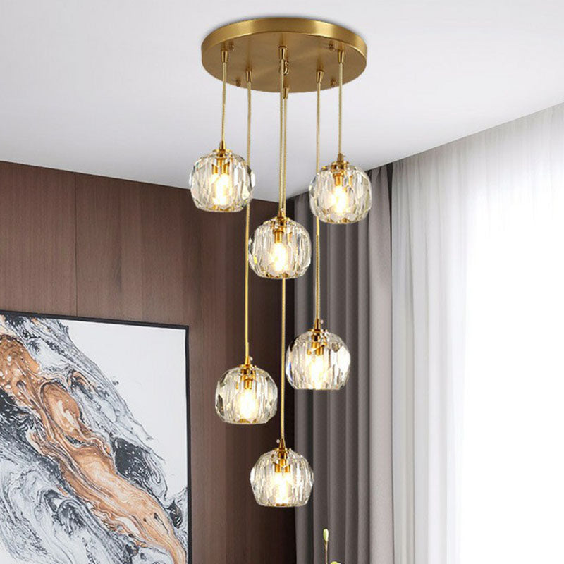 K9 Crystal Clusterkugel Anhänger Leichte postmoderne Gold Finish Hanging Lampe für Treppe