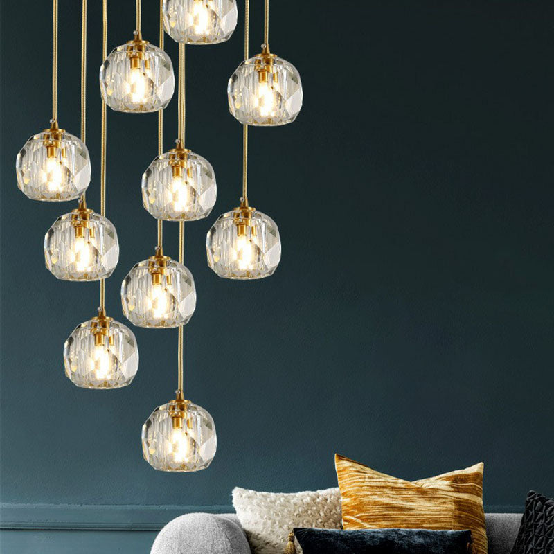 K9 Crystal Clusterkugel Anhänger Leichte postmoderne Gold Finish Hanging Lampe für Treppe