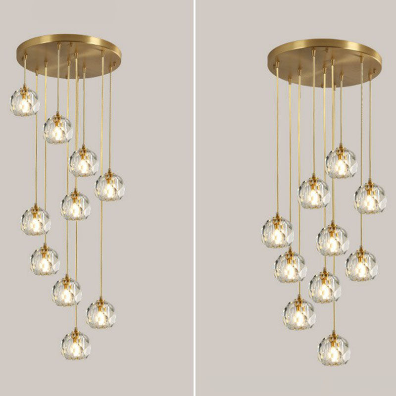 K9 Crystal Clusterkugel Anhänger Leichte postmoderne Gold Finish Hanging Lampe für Treppe