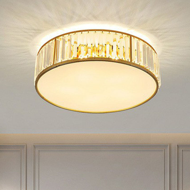 Bedroom Ceiling Mount Light Postmodern Gold Flush Mount Lamp with Drum Crystal Shade