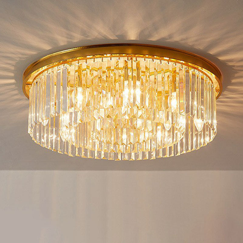 Bedroom Ceiling Mount Light Postmodern Gold Flush Mount Lamp with Drum Crystal Shade