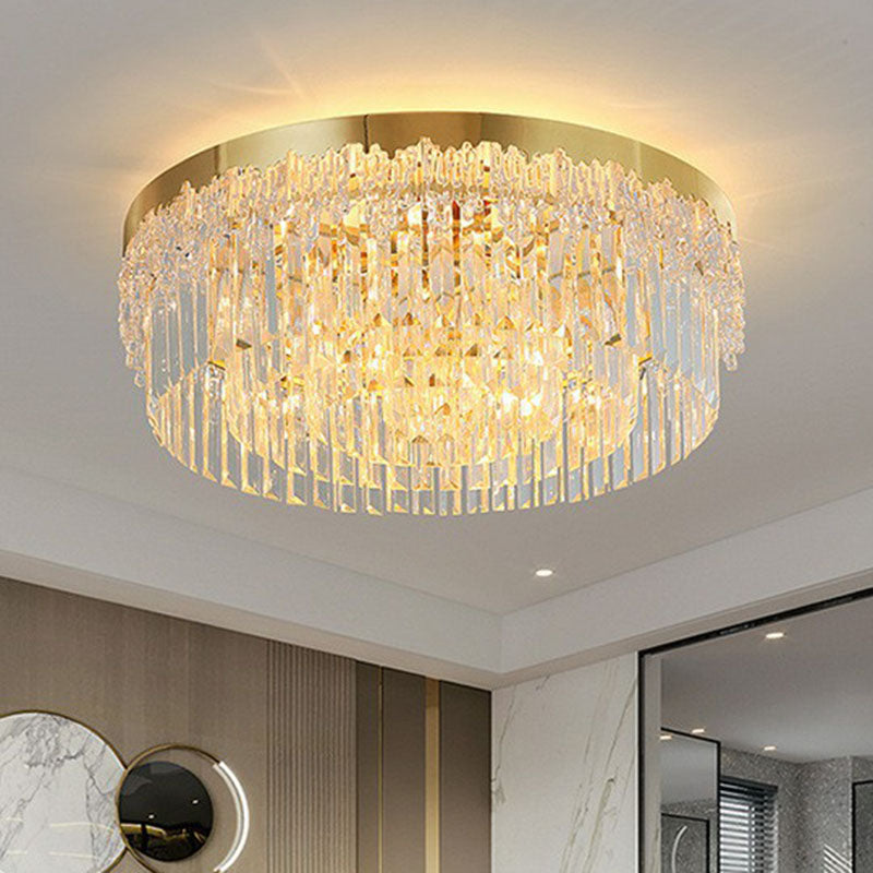 Round Clear Prismatic Crystal Flush Light Postmodern Gold Finish Flushmount Ceiling Lamp