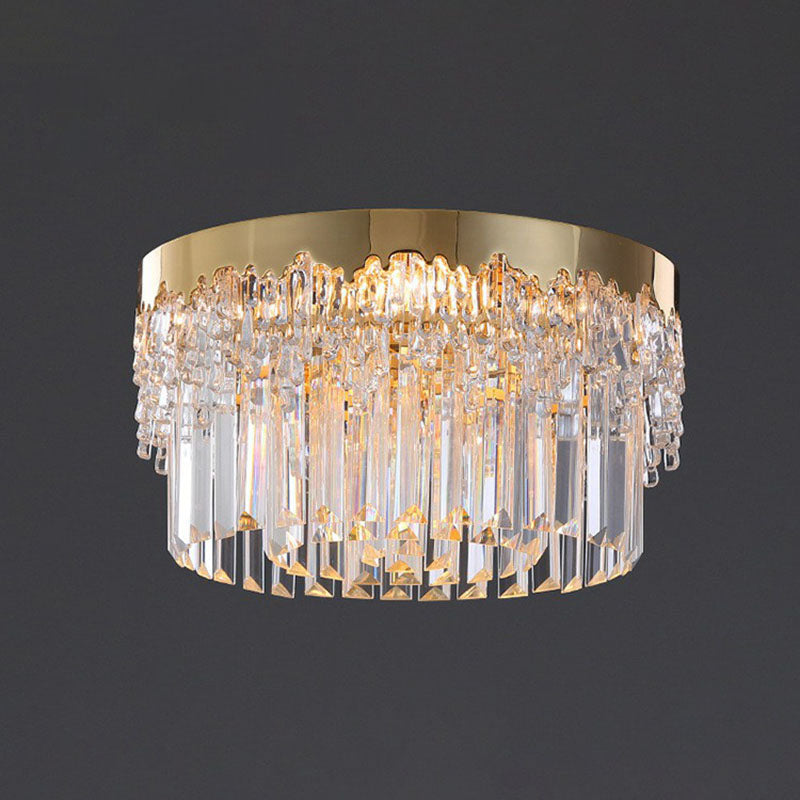 Round Clear Prismatic Crystal Flush Light Postmodern Gold Finish Flushmount Ceiling Lamp