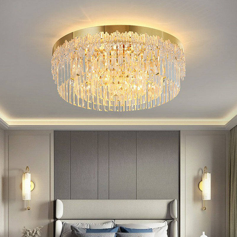 Round Clear Prismatic Crystal Flush Light Postmodern Gold Finish Flushmount Ceiling Lamp