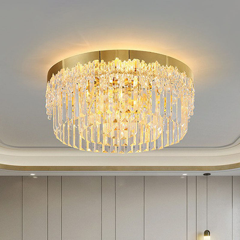 Round Clear Prismatic Crystal Flush Light Postmodern Gold Finish Flushmount Ceiling Lamp