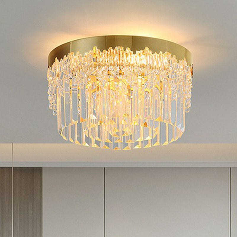 Round Clear Prismatic Crystal Flush Light Postmodern Gold Finish Flushmount Ceiling Lamp