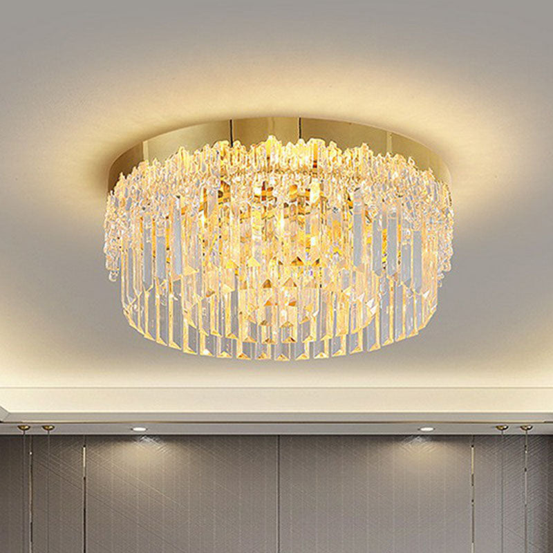 Round Clear Prismatic Crystal Flush Light Postmodern Gold Finish Flushmount Ceiling Lamp