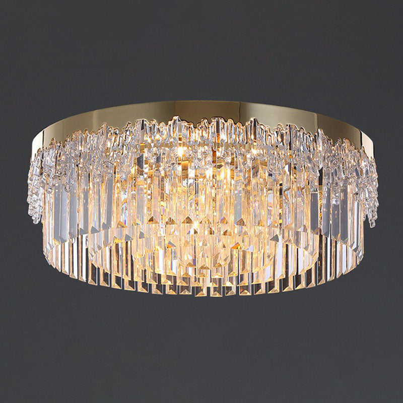 Round Clear Prismatic Crystal Flush Light Postmodern Gold Finish Flushmount Ceiling Lamp