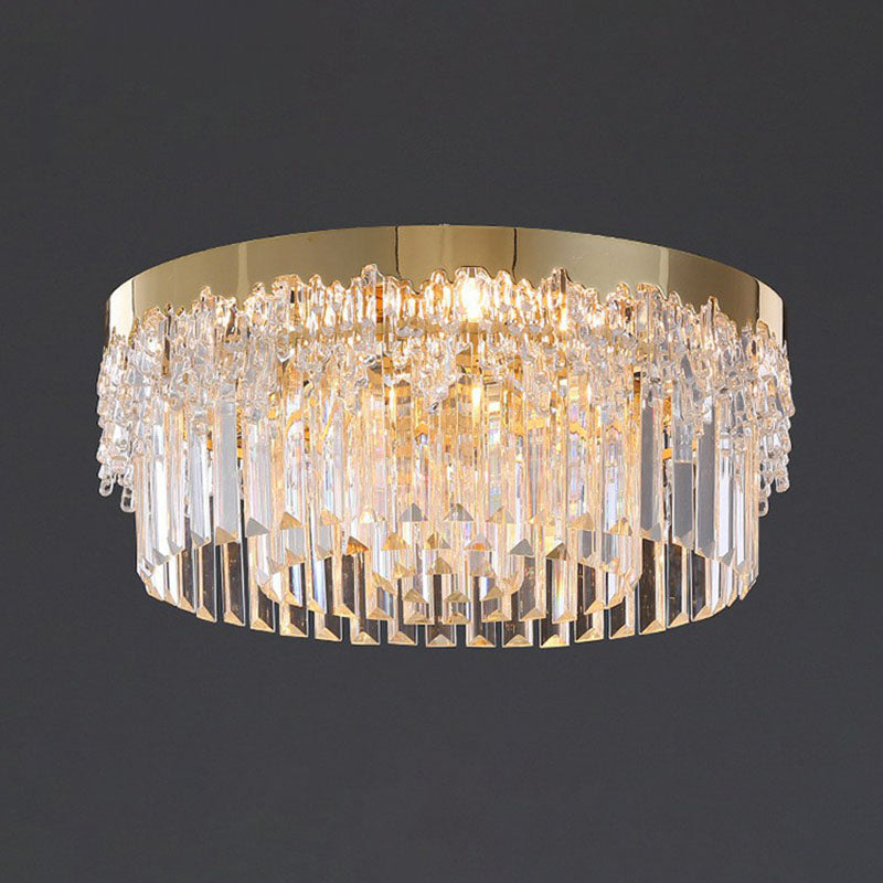 Round Clear Prismatic Crystal Flush Light Postmodern Gold Finish Flushmount Ceiling Lamp