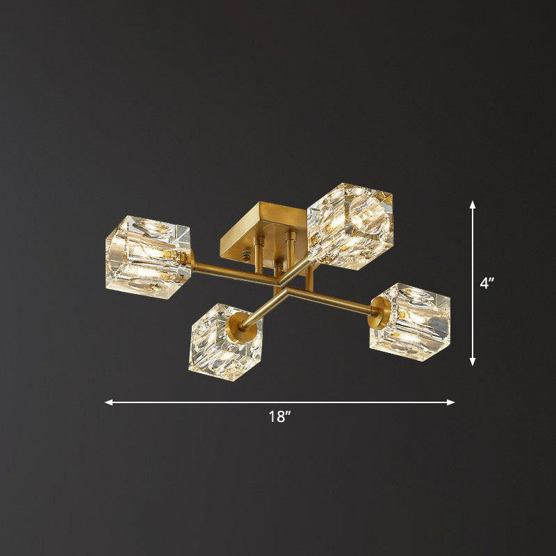 Crystal Cube Close to Ceiling Light Post-Modern Gold Finish Semi Flush Mount Light Fixture