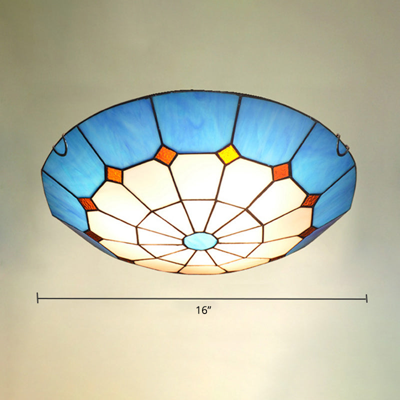 Bowl Flush Mount Lighting Mediterranean Gridded Glass Blue Ceiling Light Flush Mount