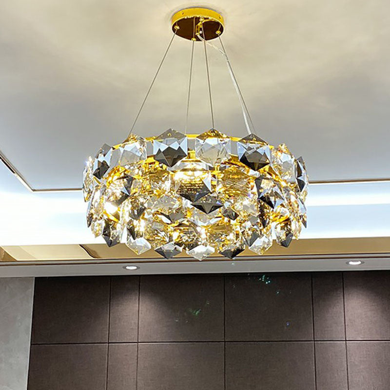 Post-Modern Round Suspension Light Hexagonal-Crystal Living Room Chandelier Lighting in Gold