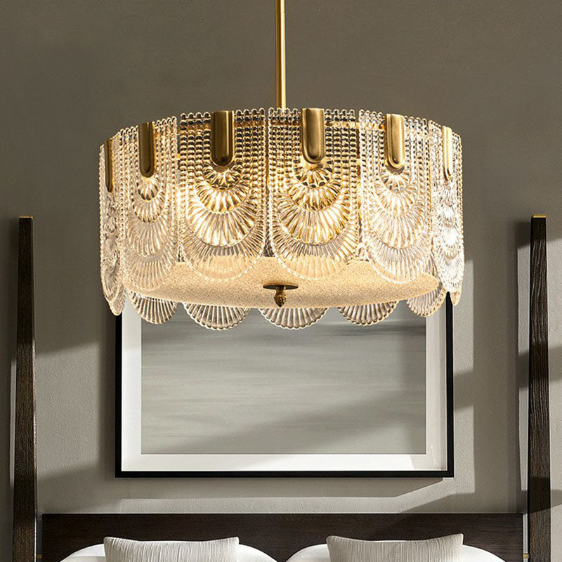 Ribbed Crystal Scalloped Round Chandelier Pendant Light Contemporary Brass Hanging Light