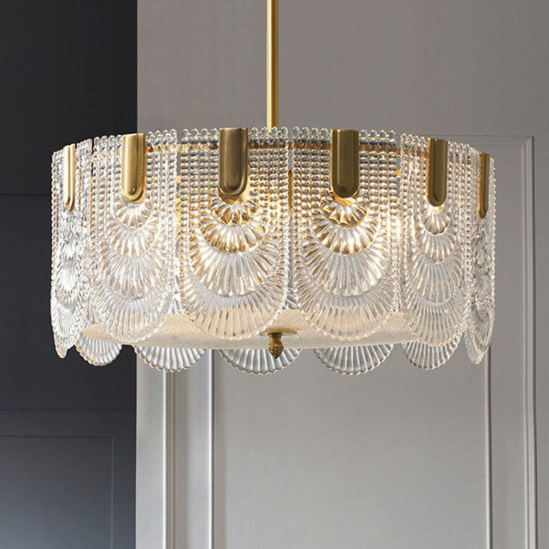 Ribbed Crystal Scalloped Round Chandelier Pendant Light Contemporary Brass Hanging Light