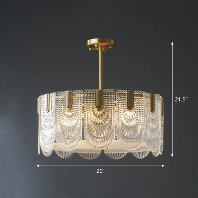 Ribbed Crystal Scalloped Round Chandelier Pendant Light Contemporary Brass Hanging Light
