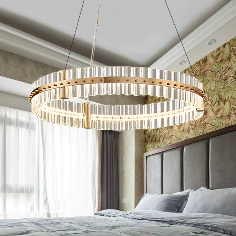 Minimalist Circular Clear Crystal Chandelier Lamp LED Golden Bedroom Pendant Light Kit