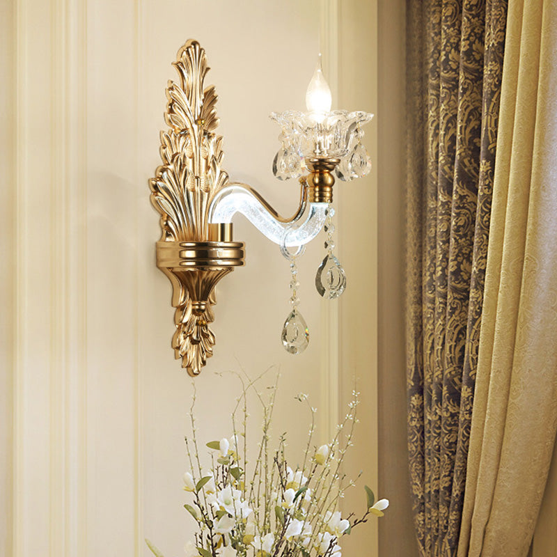 Floral Wall Sconce Modernist Style Clear Crystal 1/2-Light Gold Wall Light Fixture with Curved Arm for Living Room