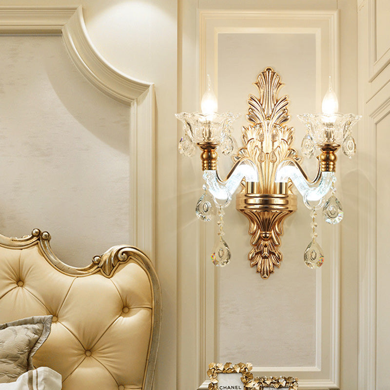 Floral Wall Sconce Modernist Style Clear Crystal 1/2-Light Gold Wall Light Fixture with Curved Arm for Living Room