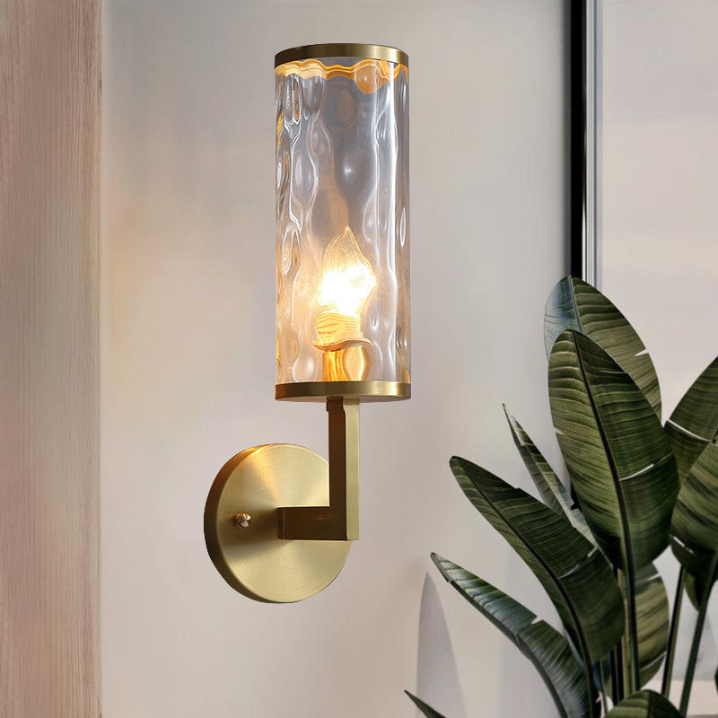 12"/16" Wide Cylindrical Sconce Lighting Modernist Clear Dimpled Glass 1 Bulb Brass Finish Wall Light