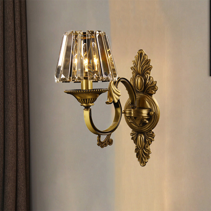 1 Bulb Porch Wall Lamp Contemporary Brass Finish Wall Lighting Fixture with Conical Clear Crystal Shade