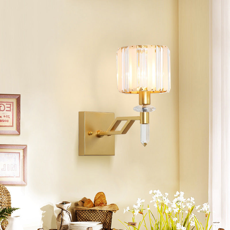 Cylindrical Clear Crystal Wall Light Modernist Style 1 Light Black/Gold Finish Wall Sconce Fixture with Curved Arm