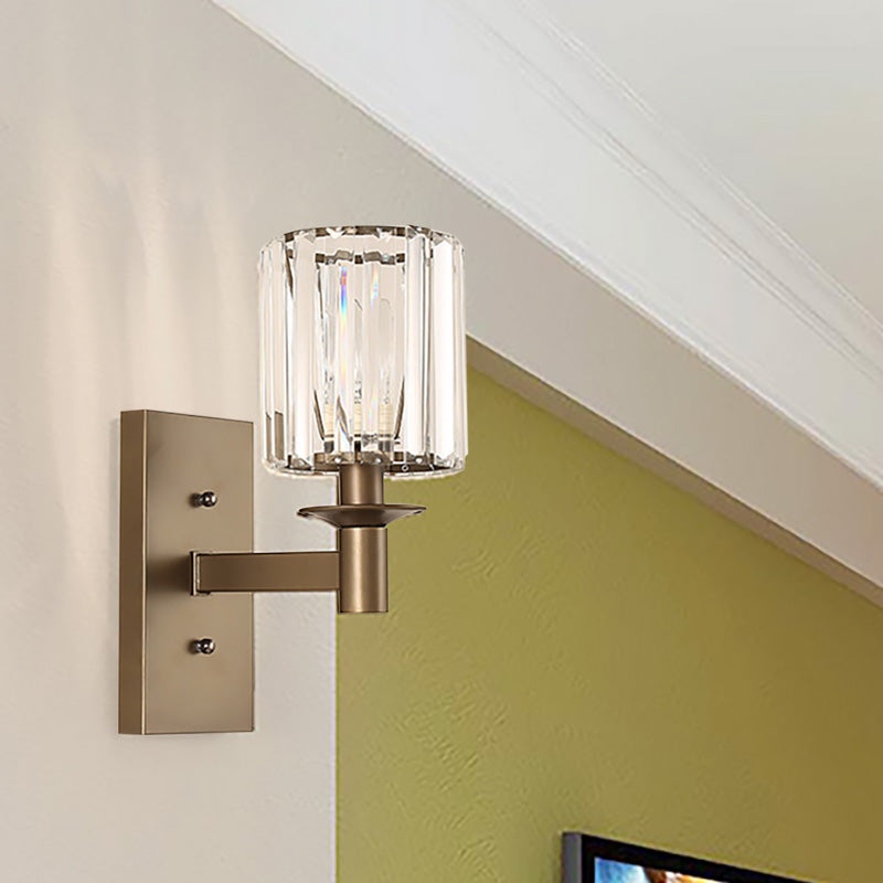 Contemporary Cylinder Wall Sconce Clear Glass 1/2-Bulb Bedroom Wall Lamp with Rectangle Backplate in Bronze