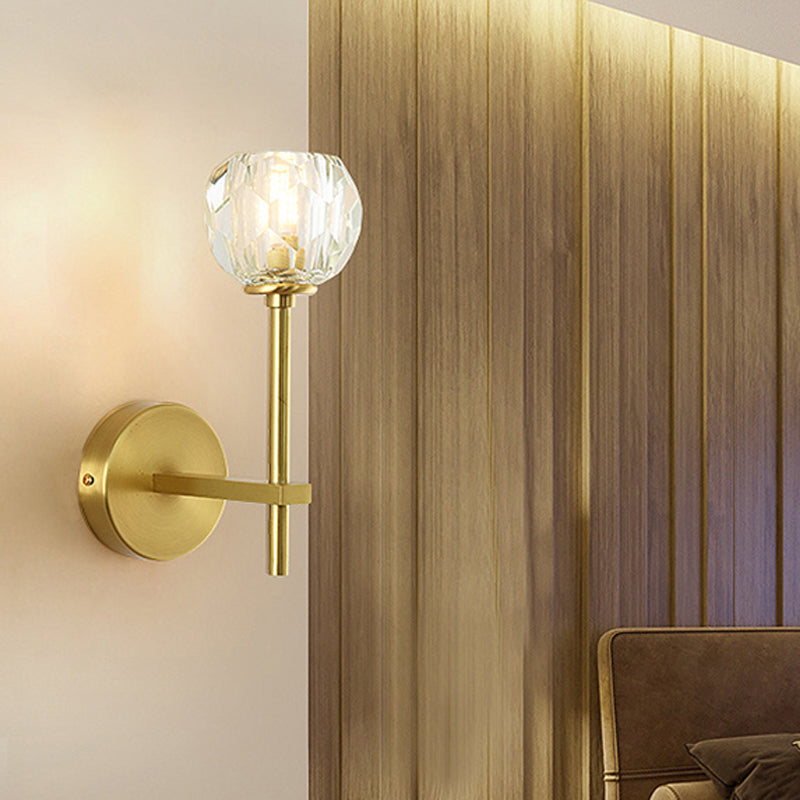 Minimalism 1 Light Wall Mounted Lighting Brass Faceted Sconce Light Fixture with Crystal Shade