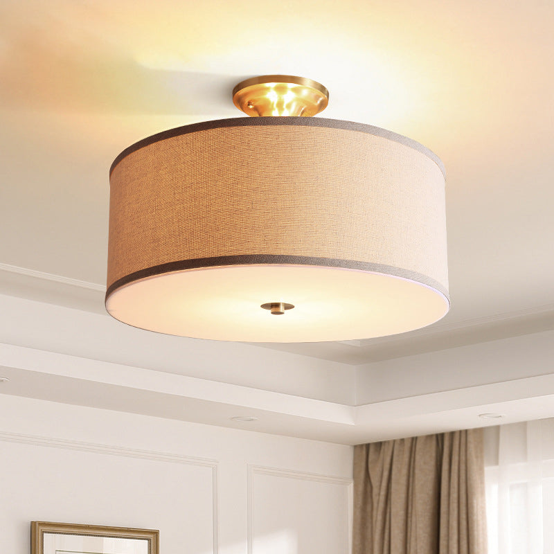 Drum Living Room Semi Flush Light Classic Fabric 4 Lights White Ceiling Lighting, 16"/19.5" Wide