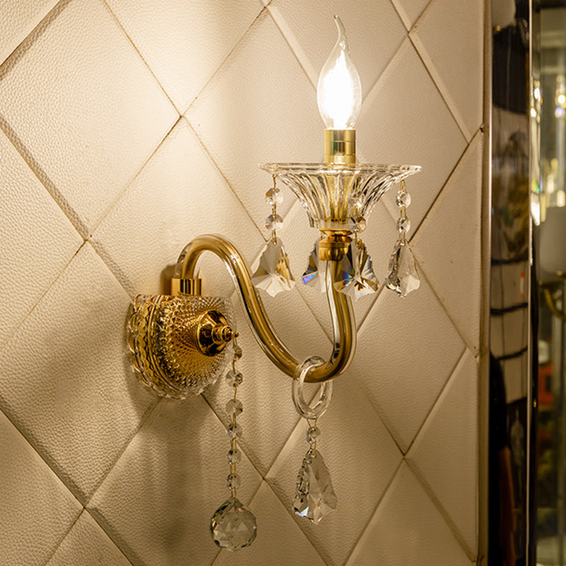 Mid-Century 1/2 Lights Wall Mounted Lighting Brass Candle Sconce Light Fixture with Crystal Shade