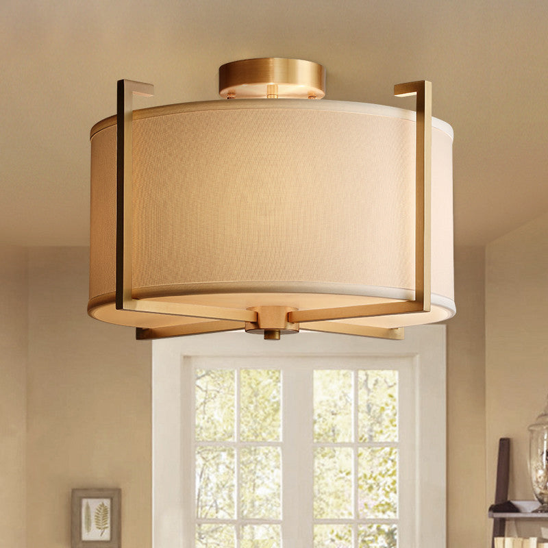 White Drum Semi Flush Mount Classic Fabric 4 Lights Living Room Ceiling Light Fixture with Iron Frame