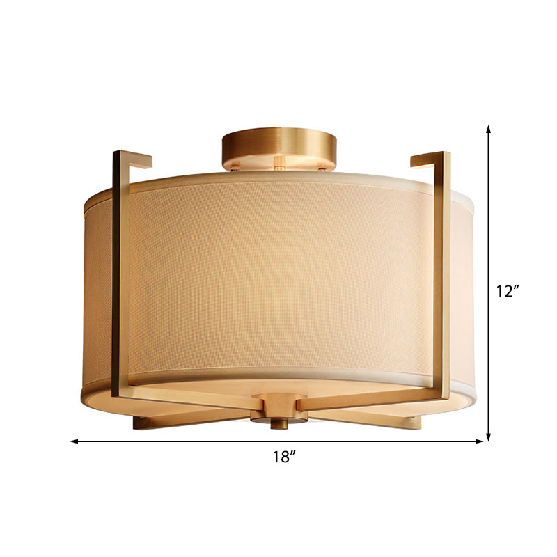 White Drum Semi Flush Mount Classic Fabric 4 Lights Living Room Ceiling Light Fixture with Iron Frame