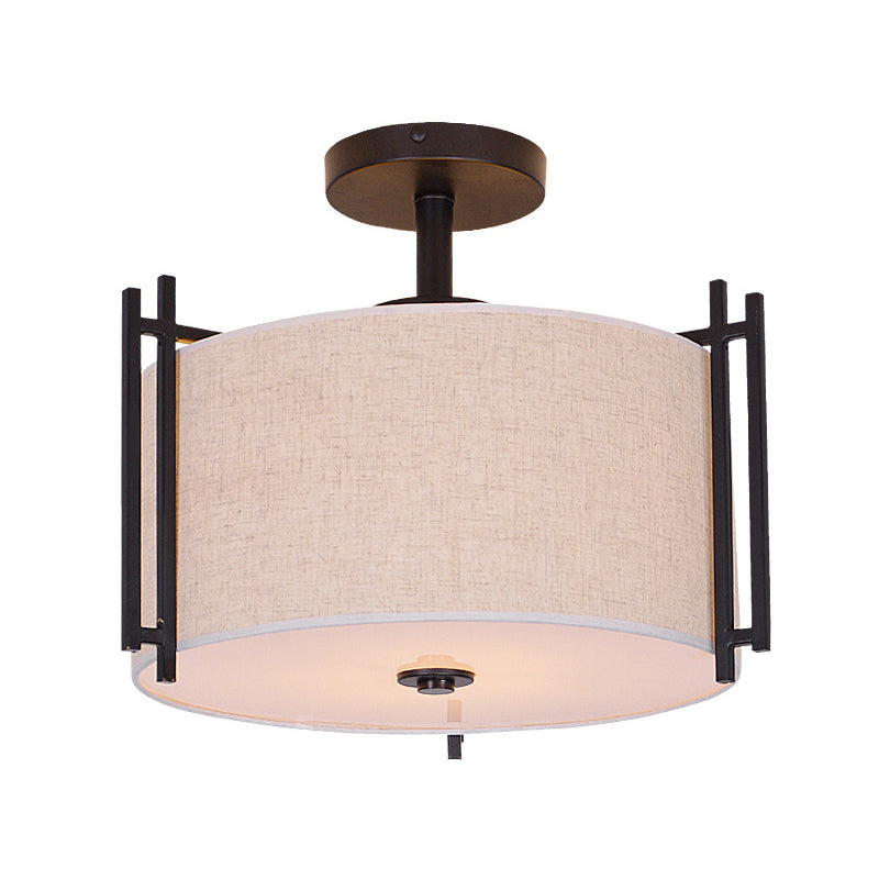 1 Tambour léger Semi-Flush Light Flaxen tissu Ceiling Fixture de plafond pour la salle de séjour
