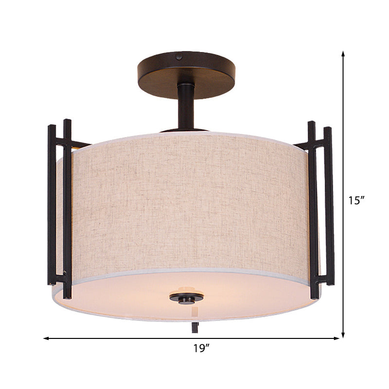 1 Tambour léger Semi-Flush Light Flaxen tissu Ceiling Fixture de plafond pour la salle de séjour