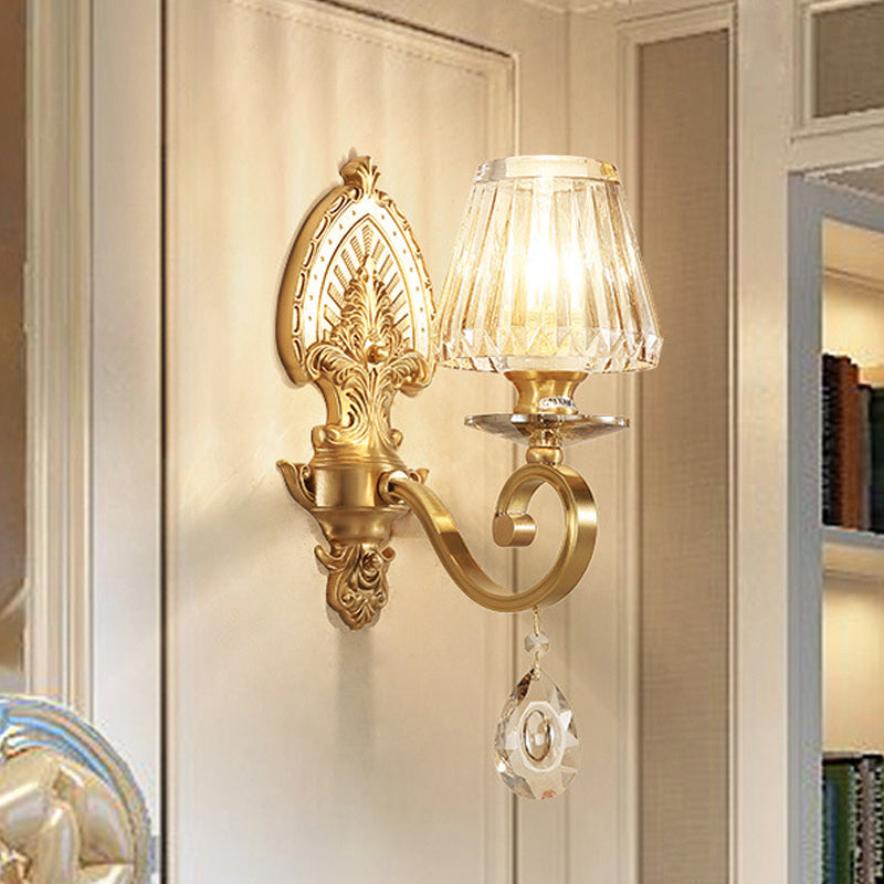Gold Tapered Flush Mount Wall Sconce Mid-Century 1 Light Crystal Wall Light Fixture for Living Room