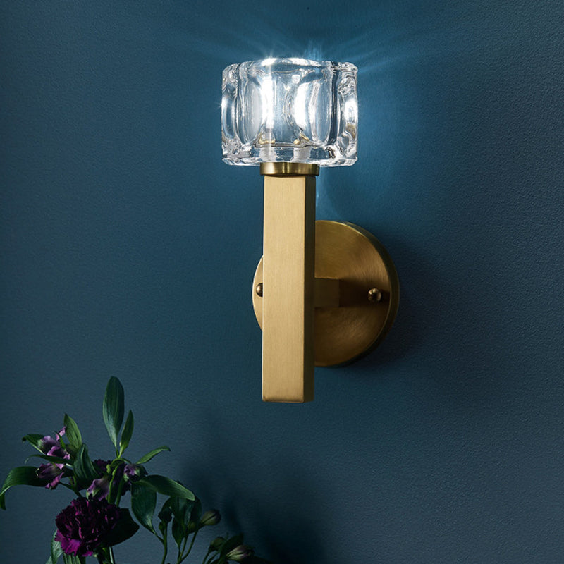 Contemporary Cube Flush Wall Sconce Crystal 1/2 Lights Sconce Light Fixture in Brass