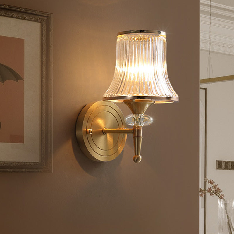 Crystal Ribbed Wall Mounted Lamp Mid-Century 1/2 Lights Brass Flush Wall Sconce for Living Room