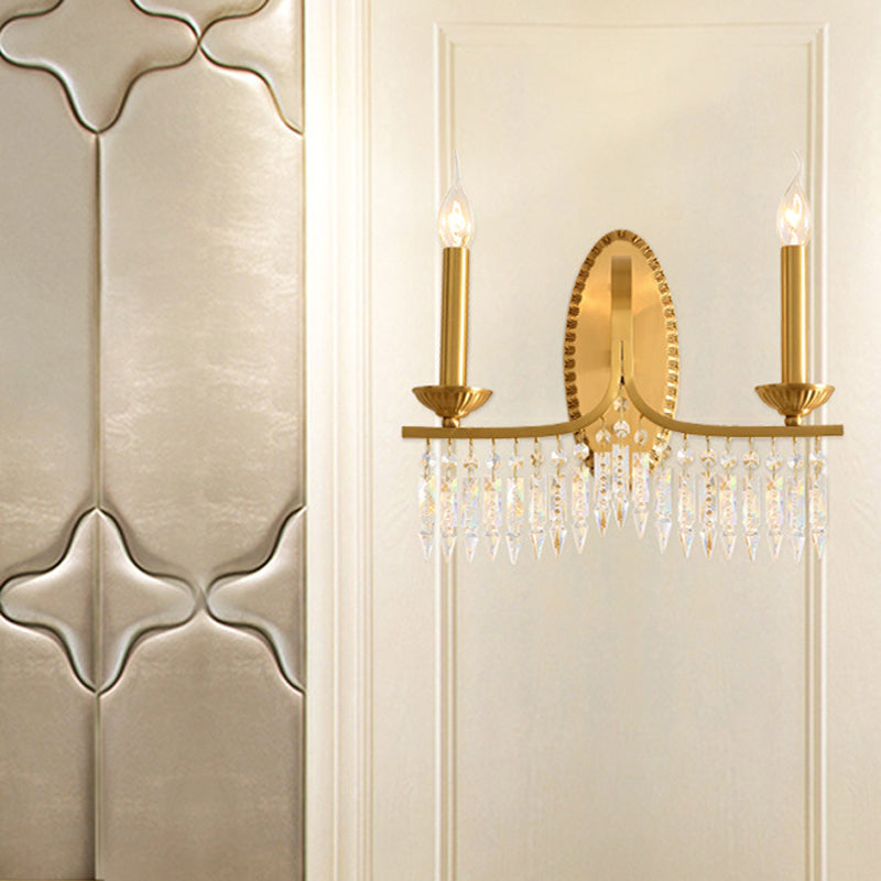 Brass Candle Sconce Light Fixture Retro 2 Lights Crystal Wall Mounted Lighting with Metal Arm