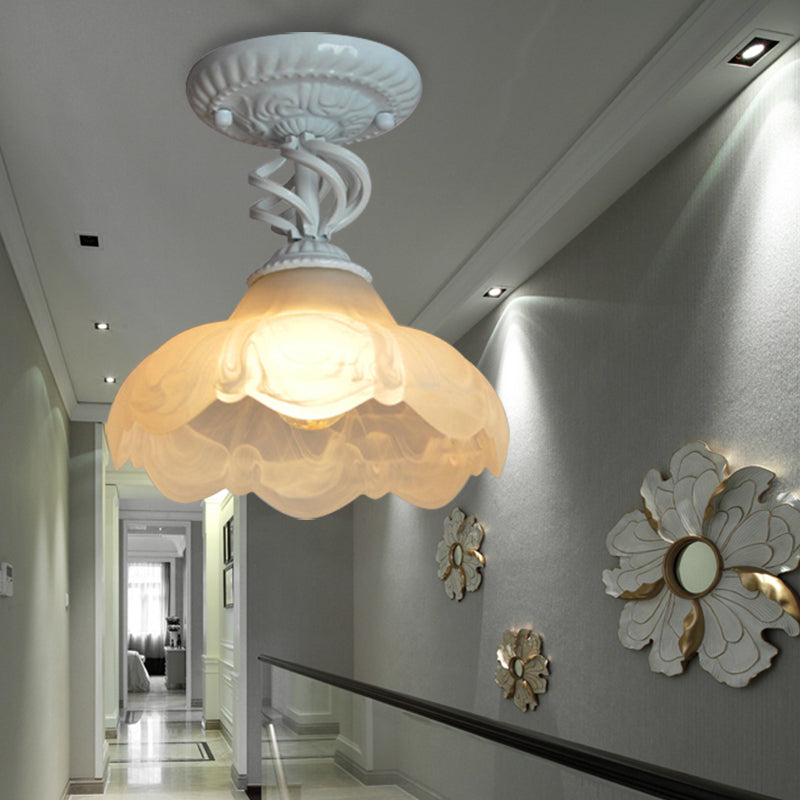 1 Light Semi Flush Mount Traditional Scalloped Frosted Glass Ceiling Light in Black/White for Bedroom