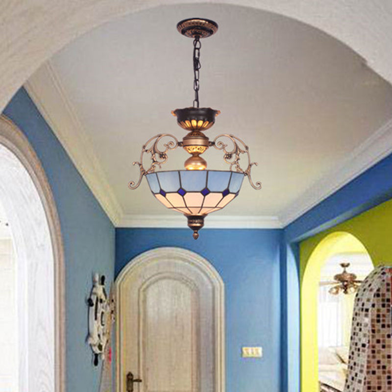 Inverted Dome Chandelier Light 3 Bulbs Gridded Glass Pendant Light Fix