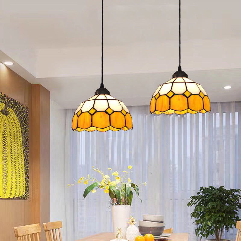 Blue Scalloped Suspension Light Tiffany Style Single-Bulb Gridded Glass Hanging Pendant Light