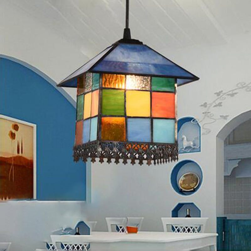 1-Light Suspension Lighting Vintage Stained Glass House Shade Pendant Ceiling Light