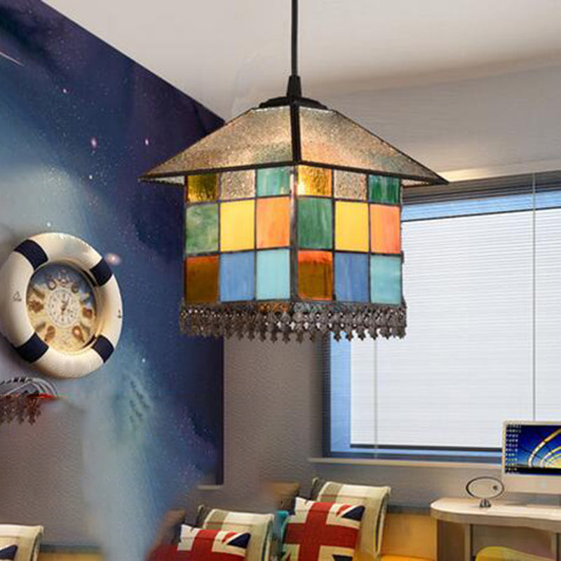 1-licht suspensieverlichting vintage gebrandschilderd glazen huis schaduw hanglamp plafondlicht