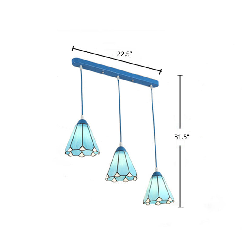 Tiffany Conical Hanging Light 3 Heads Stained Glass Multi Light Pendant for Restaurant