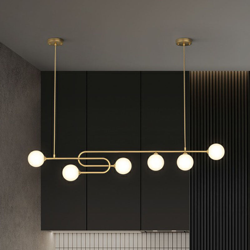 Minimalist U-Shaped Suspension Light Metal Dining Room Island Light with Ball Milky Glass Shade in Gold