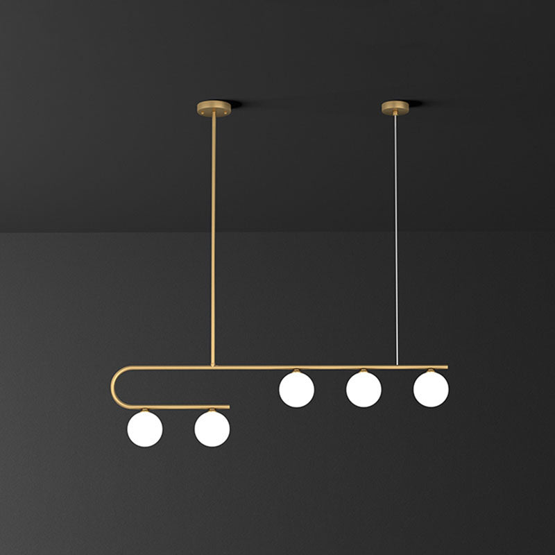 Linear Restaurant Island Pendant Light Ivory Ball Glass Postmodern LED Hanging Lamp in Gold